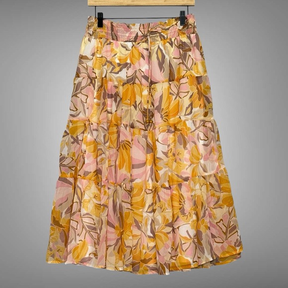 Boho Floral Womens Skirt M Yellow Orange Sheer Chiffon Tiered Peasant Hippie - Picture 1 of 13